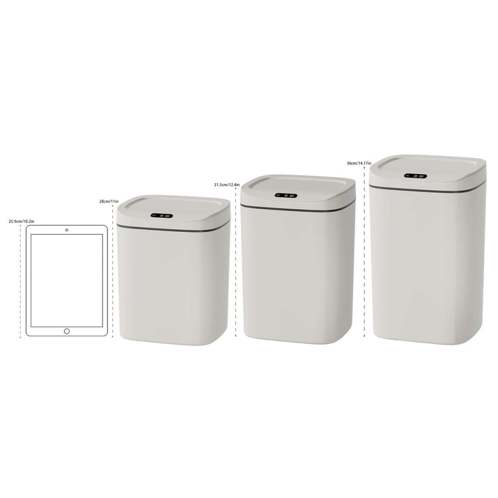 motion-sensor trash can specifications with size comparison next to an iPad for scale.