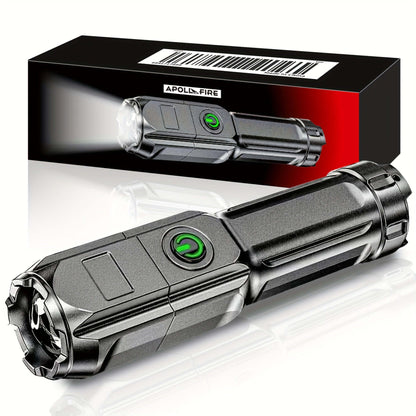 high-power zoom flashlight next to its packaging, showcasing its sleek design and powerful light feature.