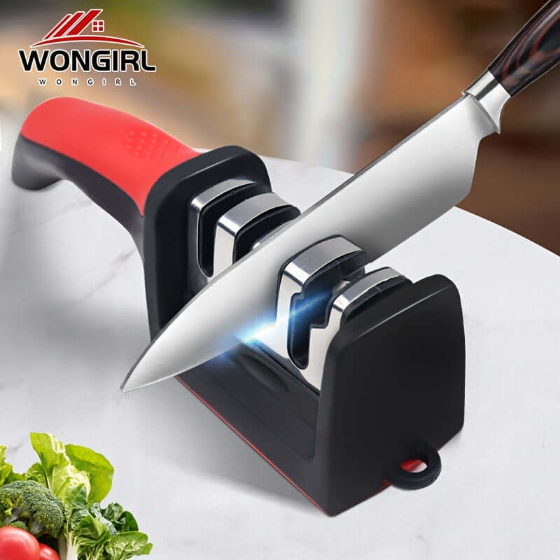Professional knife sharpener with a red handle sharpening a kitchen knife on a countertop.