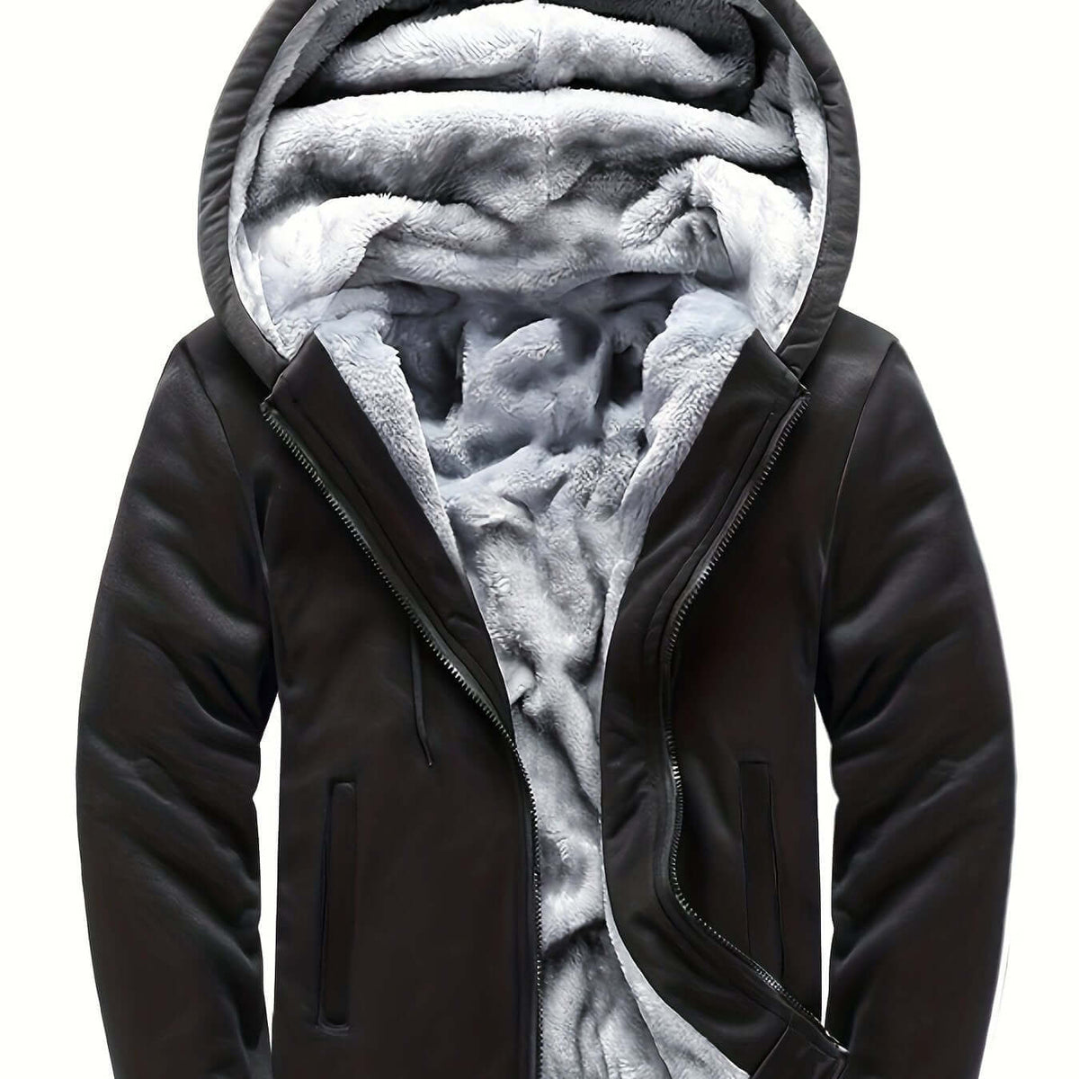 men's hooded jacket specifications featuring a cozy interior and sleek exterior design.