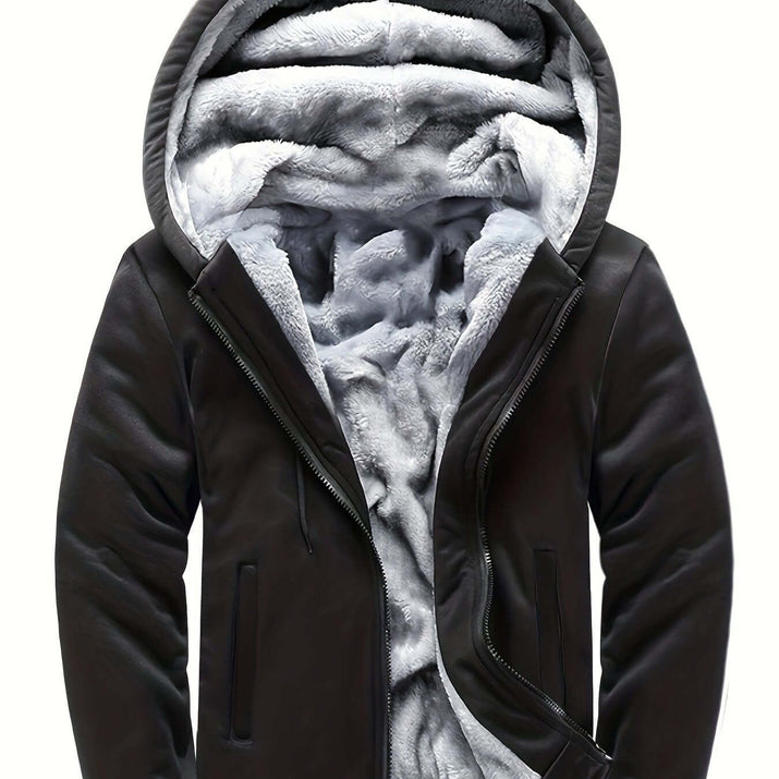 men's hooded jacket specifications featuring a cozy interior and sleek exterior design.