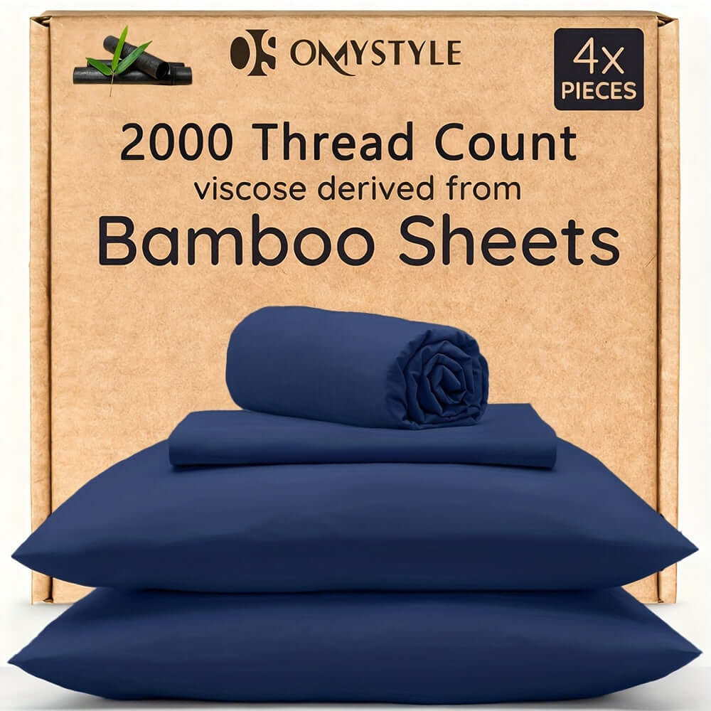 4pcs Bamboo Cooling Bedding Set in navy blue, featuring 2000 thread count viscose derived from bamboo sheets.