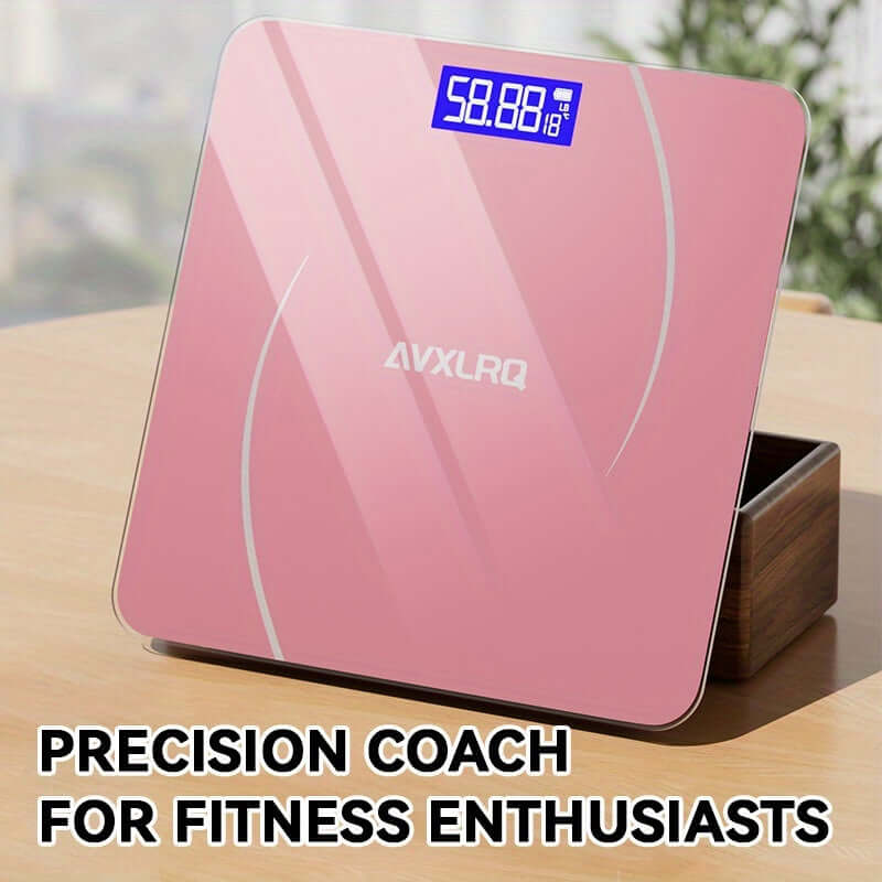 High-precision digital bathroom scale in pink color with LCD display for accurate weight measurement.