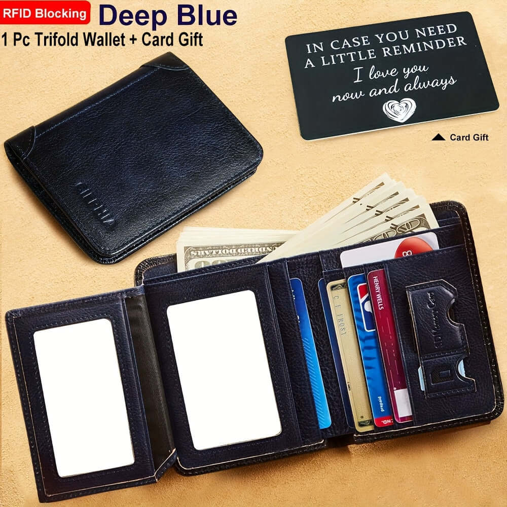 RFID leather wallet for men in deep blue, with card gift and cash compartments.