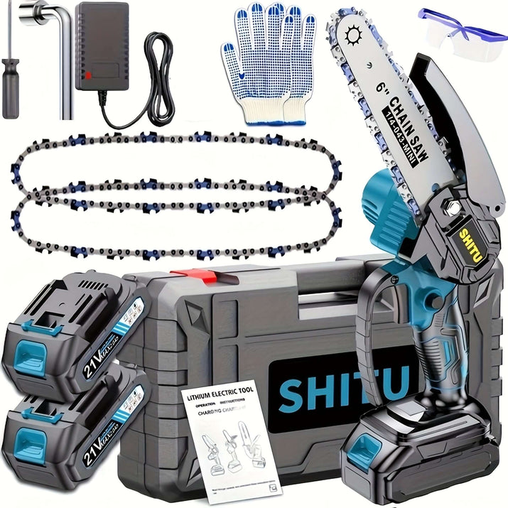 Cordless mini chainsaw kit with accessories including battery, charger, gloves, and safety glasses for outdoor activities.
