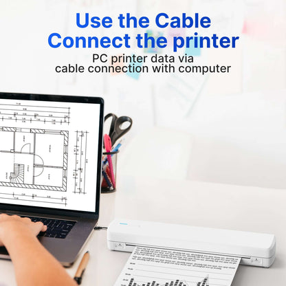 User connecting a portable wireless travel printer to a computer via cable, showcasing printer data transfer.
