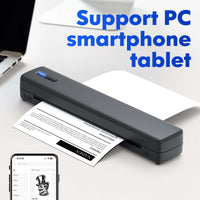 Portable wireless travel printer supporting PC, smartphone, and tablet with printed invoice.