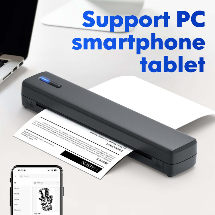 Portable wireless travel printer supporting PC, smartphone, and tablet with printed invoice.