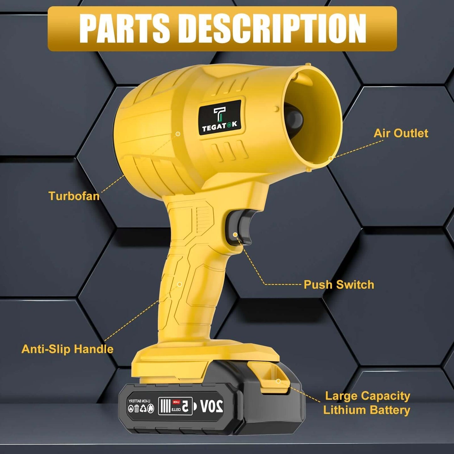 TEGATOK rechargeable battery specifications showing parts description, including Turbo fan, Push switch, and Air outlet.