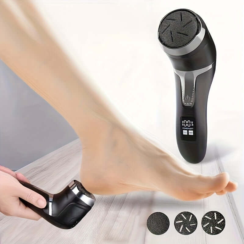 electric foot callus remover in use on foot to remove dead skin with interchangeable roller heads.