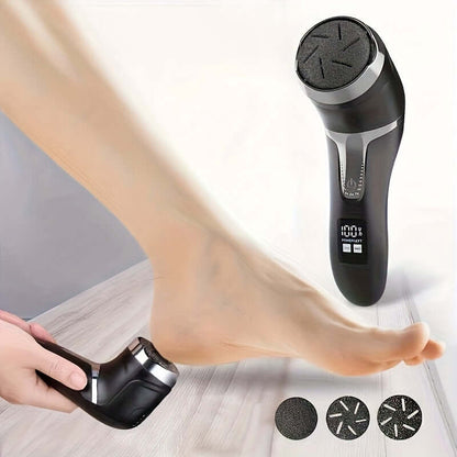 electric foot callus remover in use on foot to remove dead skin with interchangeable roller heads.