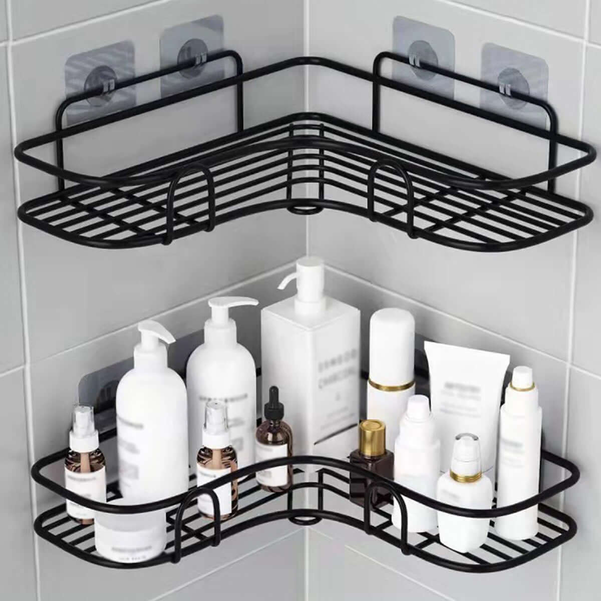 cast iron shower shelf displaying toiletries on a black corner shelf in a modern bathroom.