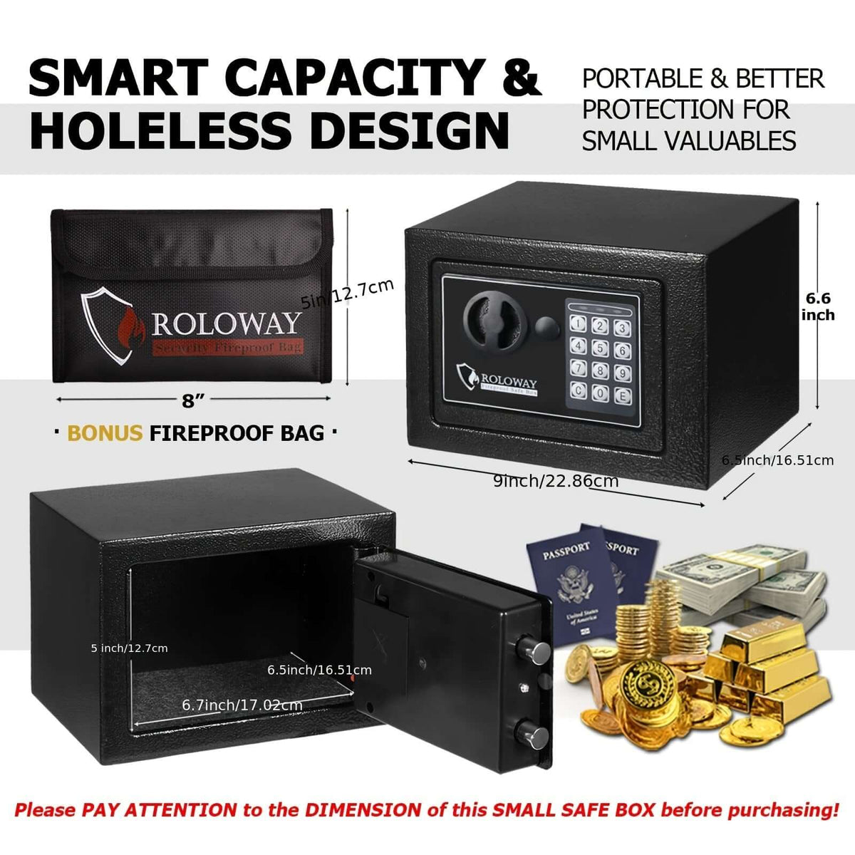 heavy-duty fireproof safe with keypad displayed with dimensions and features for portable protection of valuables.