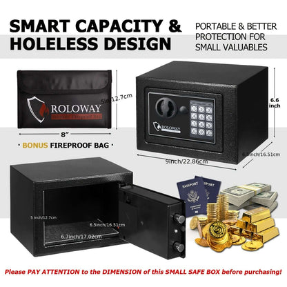 heavy-duty fireproof safe with keypad displayed with dimensions and features for portable protection of valuables.