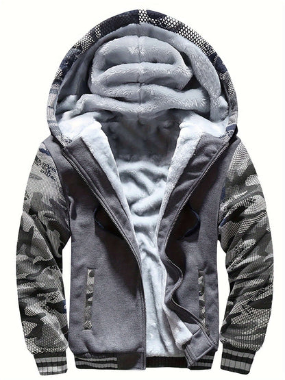 men's hooded jacket specifications featuring a cozy fleece lining and unique camouflage design