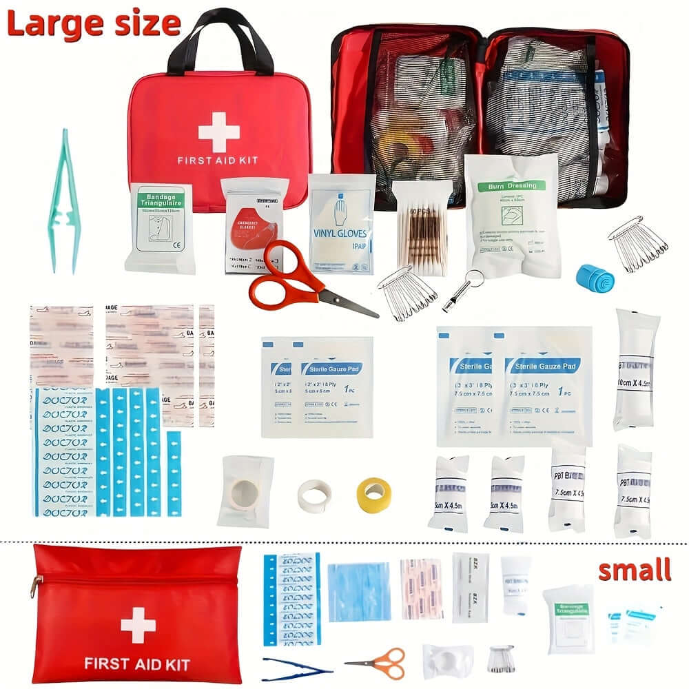 Portable first aid kit for outdoor activities with large and small items shown.