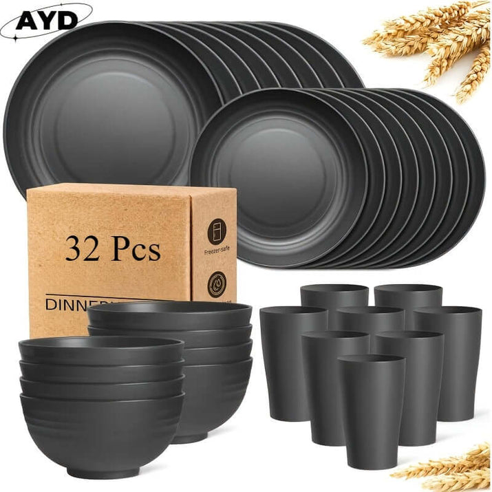 wheat straw dinnerware set including 32 pieces of lightweight plates, bowls, and cups in a box.