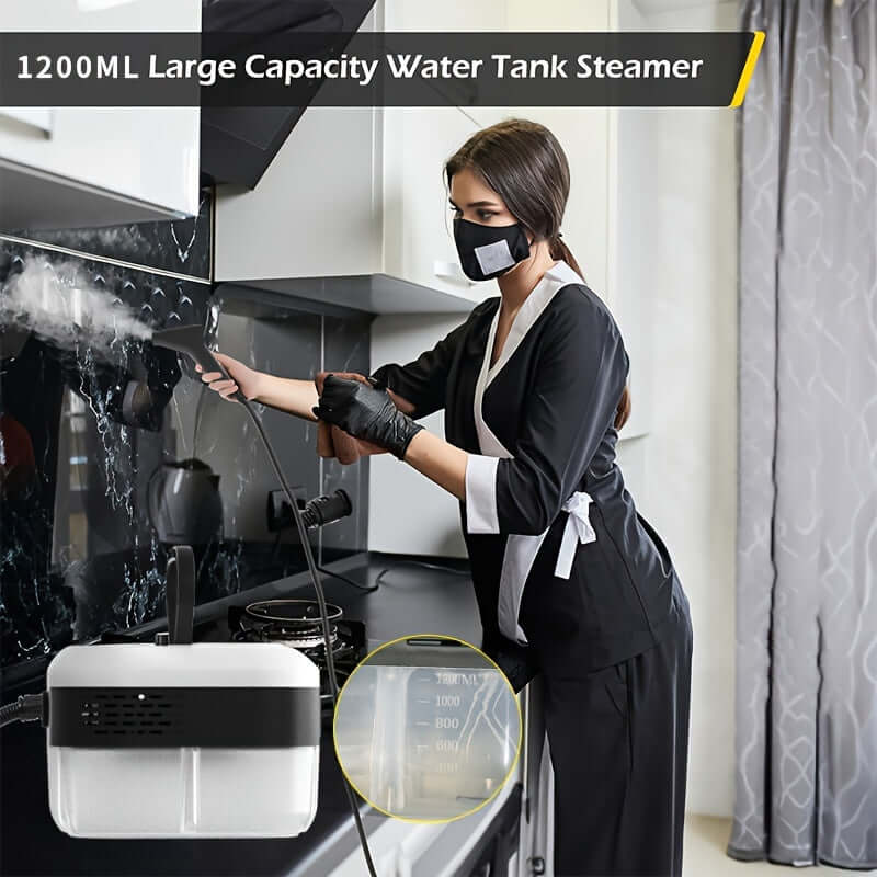 High pressure handheld steam cleaner in use, featuring a 1200ML large capacity water tank for effective cleaning.