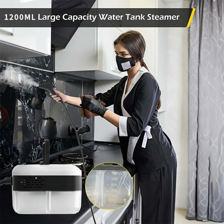 High pressure handheld steam cleaner in use, featuring a 1200ML large capacity water tank for effective cleaning.