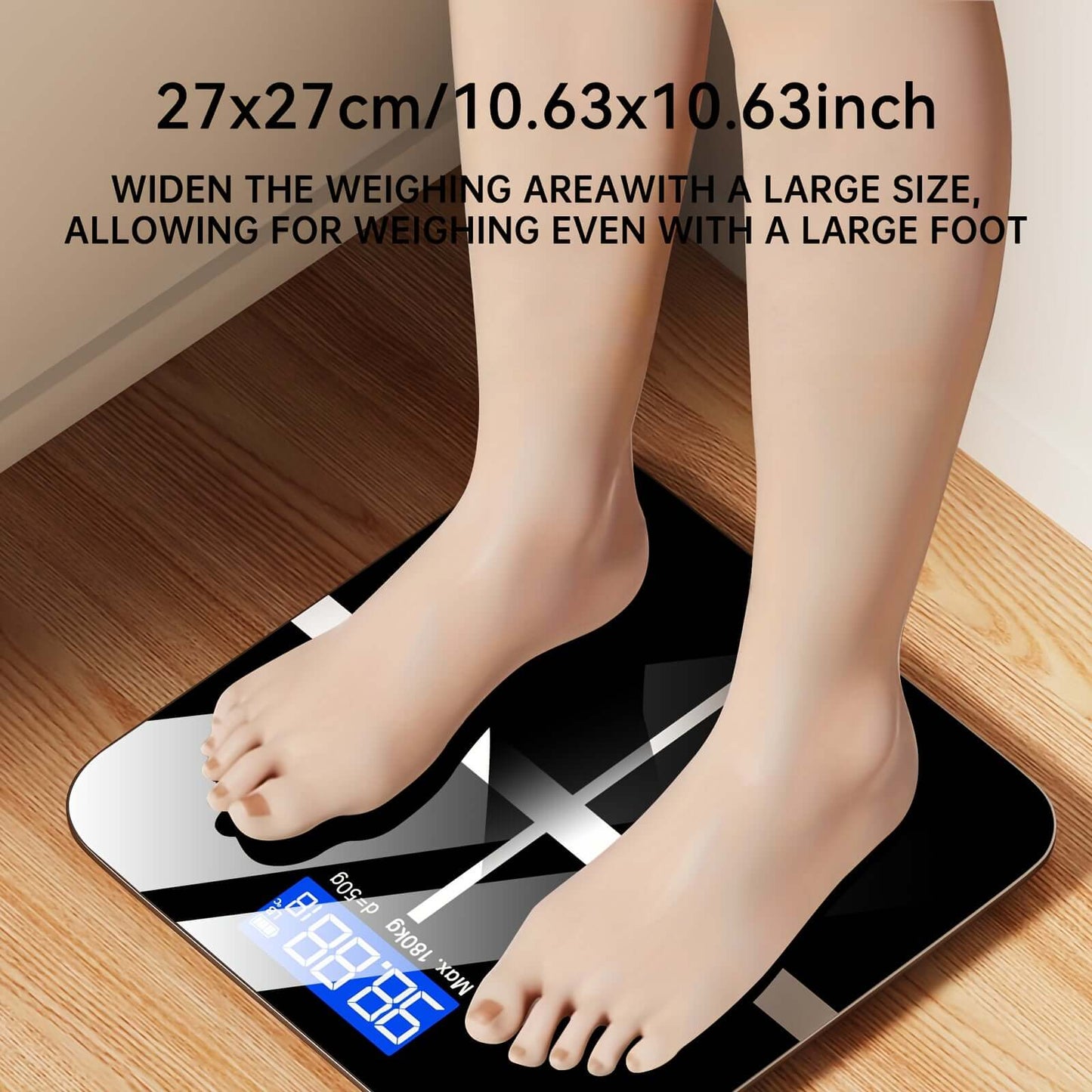 High-precision digital bathroom scale with wide weighing area showcasing feet on the scale for accurate measurements.
