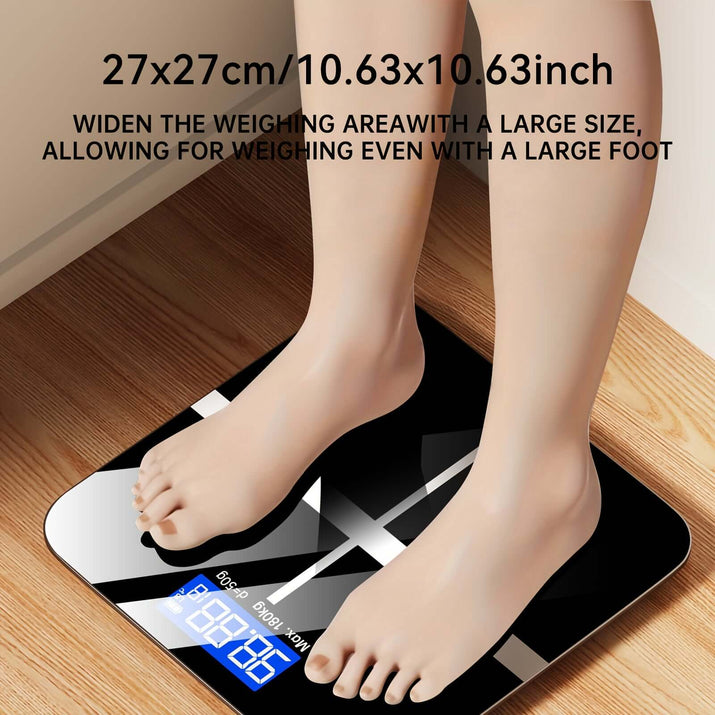 High-precision digital bathroom scale with wide weighing area showcasing feet on the scale for accurate measurements.