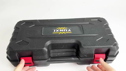 Cordless mini chainsaw carrying case with ergonomic handle and secure locking mechanism.