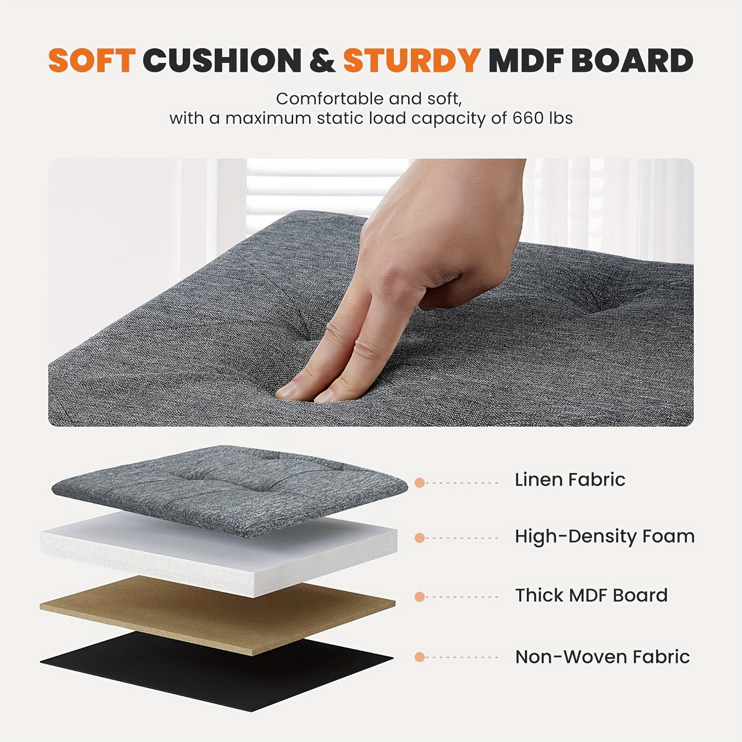 Close-up of a storage ottoman bench with soft cushion and sturdy MDF board demonstrating comfort and weight capacity.