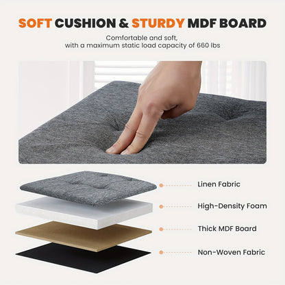 Close-up of a storage ottoman bench with soft cushion and sturdy MDF board demonstrating comfort and weight capacity.