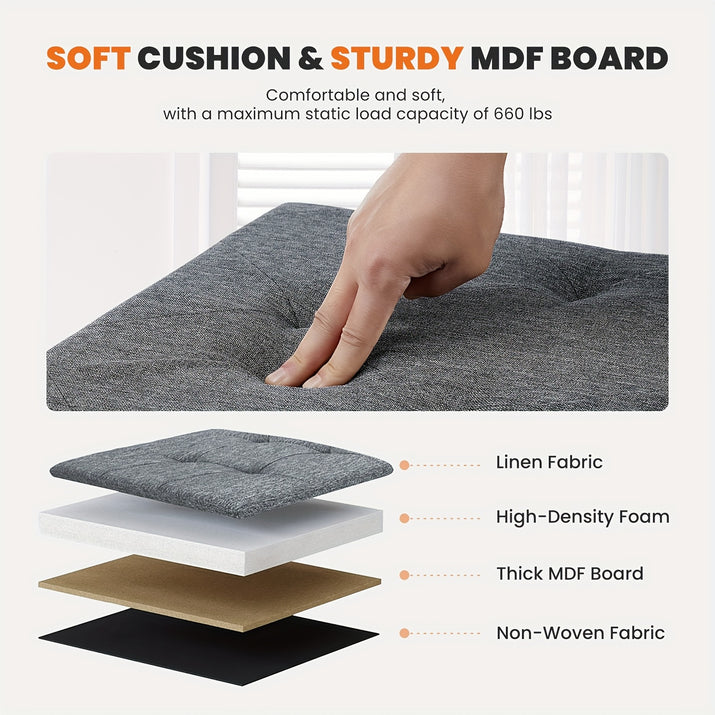 Close-up of a storage ottoman bench with soft cushion and sturdy MDF board demonstrating comfort and weight capacity.