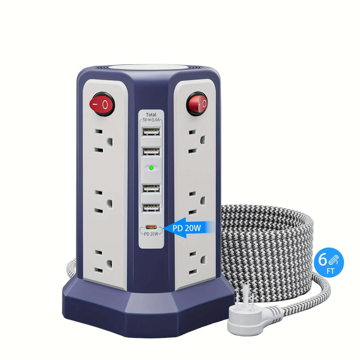 Flat plug power board with USB ports featuring multiple outlets and a 6 ft cord.