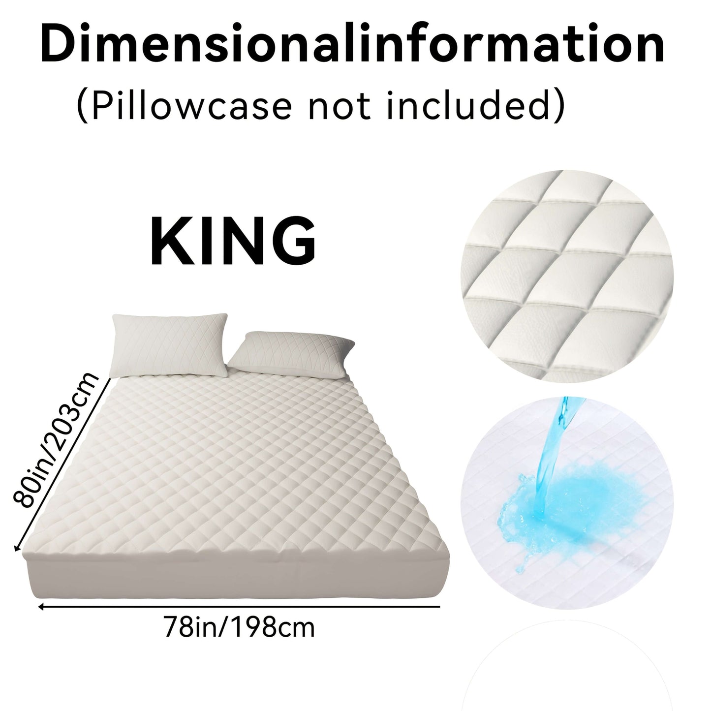King size mattress dimensions information with detailed measurements and quilted surface texture.