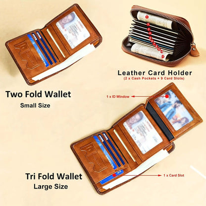 RFID leather wallet for men showing two fold and tri fold styles with pockets for cards and cash.