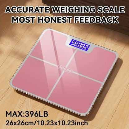 high-precision digital bathroom scale with a pink design and digital display, weighing up to 396 pounds.