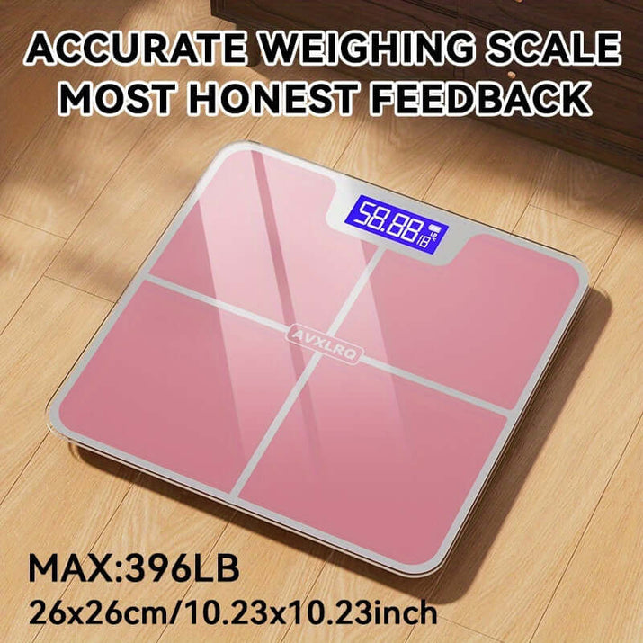 high-precision digital bathroom scale with a pink design and digital display, weighing up to 396 pounds.
