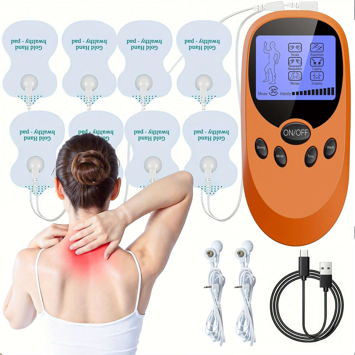 CESLIFF TENS EMS muscle stimulator with pads on back for pain relief and muscle stimulation