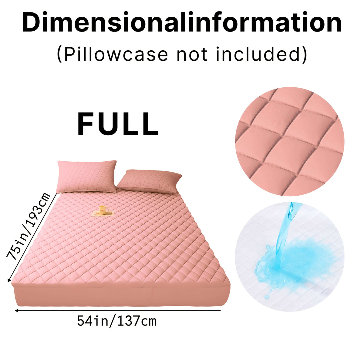 Dimensional information for a full-sized pink mattress, measuring 75in x 54in, with water-resistant fabric.