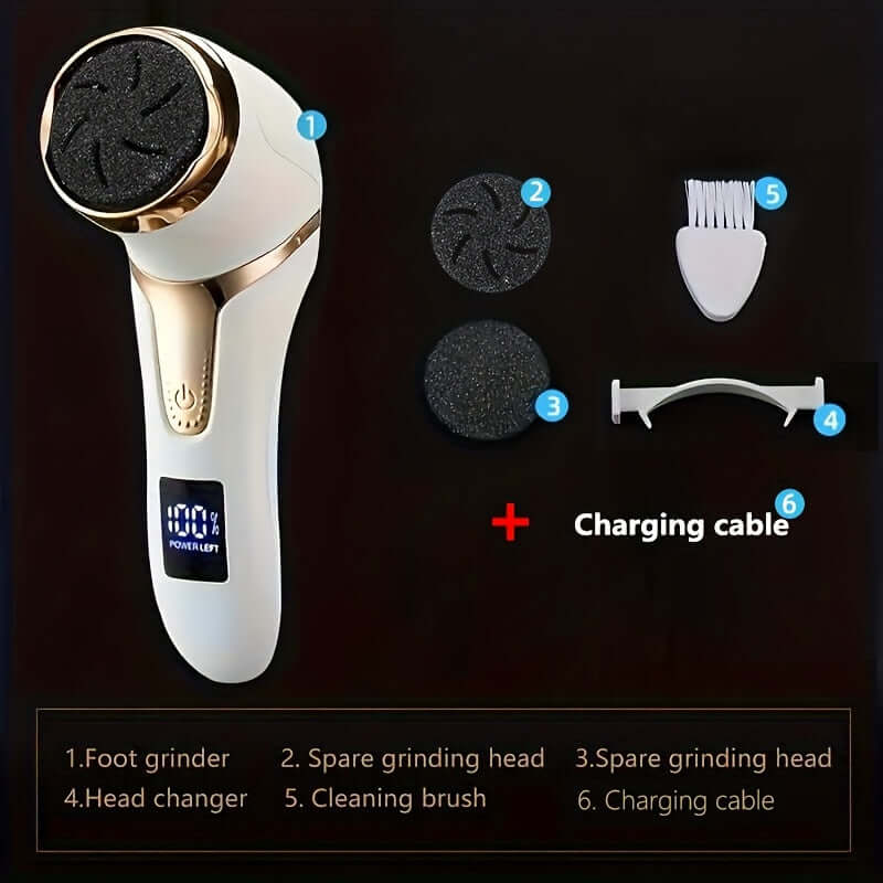 electric foot callus remover with spare grinding heads and cleaning brush, includes charging cable