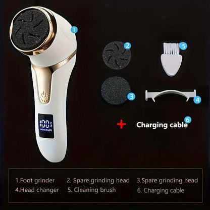 electric foot callus remover with spare grinding heads and cleaning brush, includes charging cable