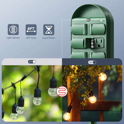 Dewenwils power stake timer for holiday lights with light sensor, 6ft cord, and countdown feature