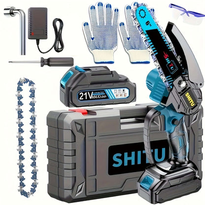Cordless mini chainsaw kit with battery, gloves, charger, screwdriver, and spare chain for outdoor activities.