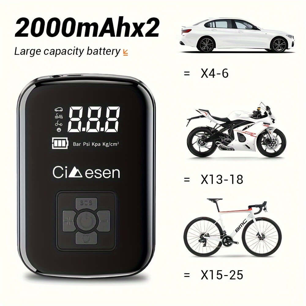 portable tire inflator with digital display featuring large capacity battery and digital pressure readout.