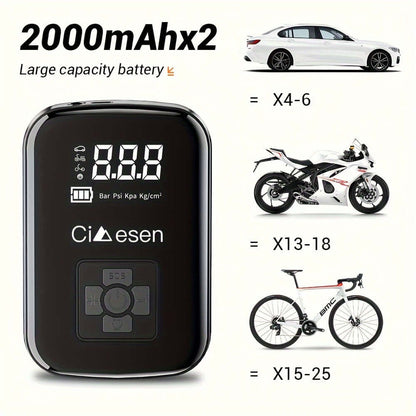 portable tire inflator with digital display featuring large capacity battery and digital pressure readout.