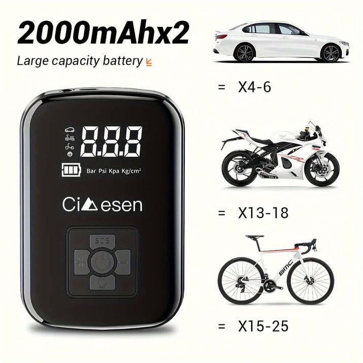 portable tire inflator with digital display featuring large capacity battery and digital pressure readout.