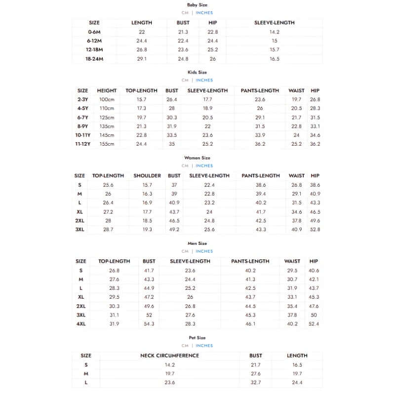 Size chart for family matching Christmas pajamas including baby, kid, women, men, and pet sizes.
