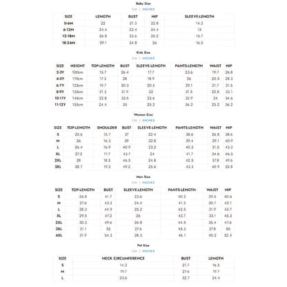 Size chart for family matching Christmas pajamas including baby, kid, women, men, and pet sizes.