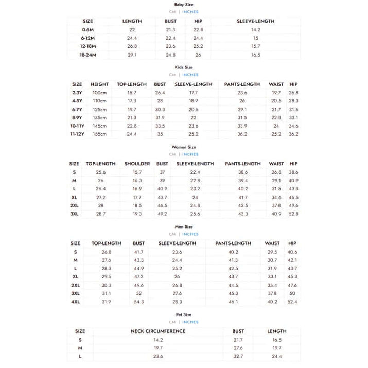 Size chart for family matching Christmas pajamas including baby, kid, women, men, and pet sizes.