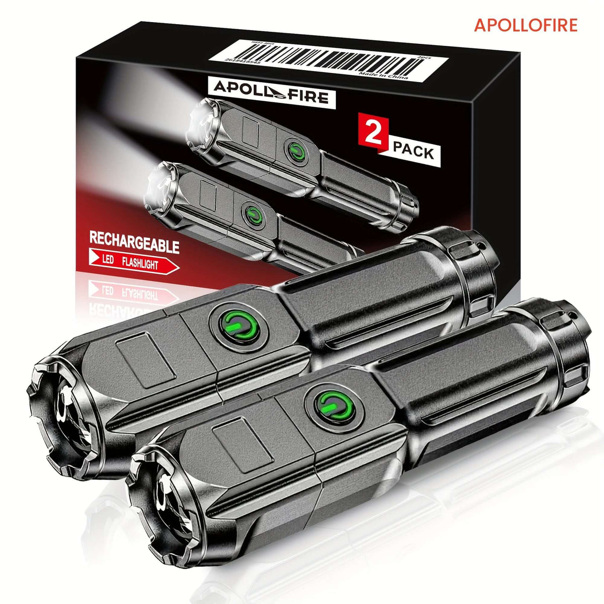 High-power zoom flashlight in a 2-pack featuring rechargeable LED design and easy-to-use on/off switch.