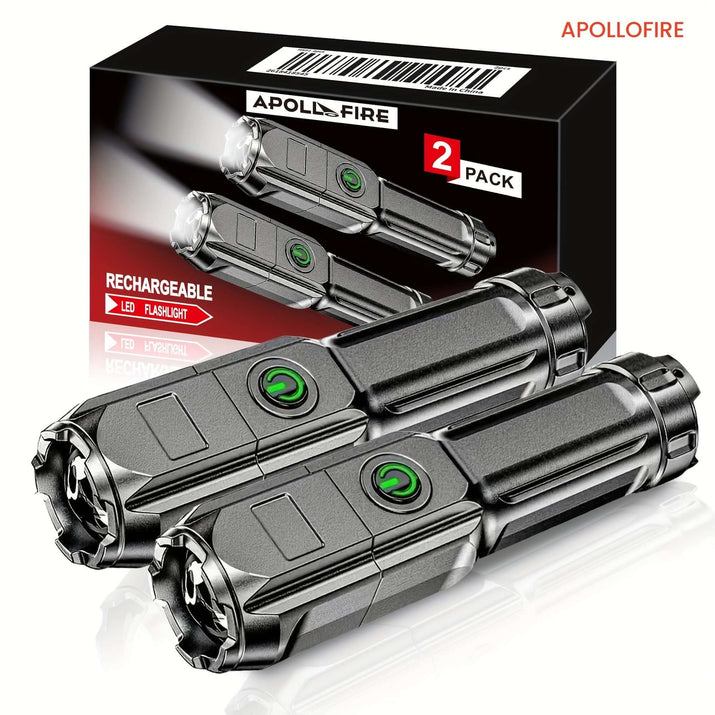 High-power zoom flashlight in a 2-pack featuring rechargeable LED design and easy-to-use on/off switch.
