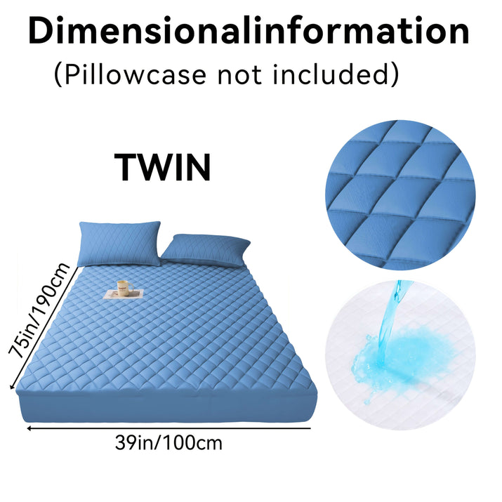 Twin dimensional information for mattress, featuring a blue quilted design, pillowcase not included.