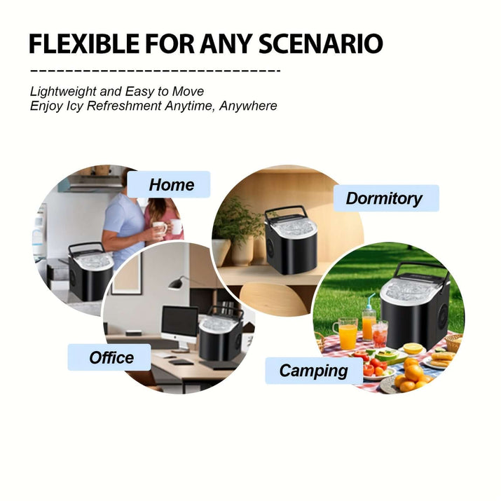 Flexible scenarios for portable ice maker with handle, perfect for home, office, dormitory, and camping.